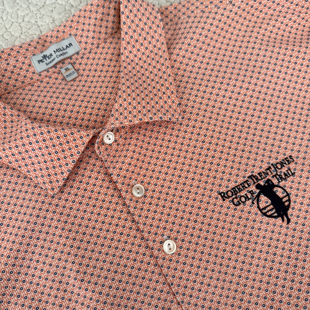 Peter Millar Polo Shirt Mens XL Orange Geometric Robert Trent Jones Golf Trail